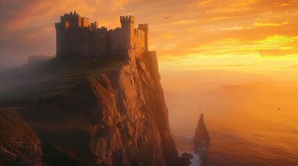 Obraz premium 35. A dramatic cliffside castle glowing under the warm hues of an ethereal sunset