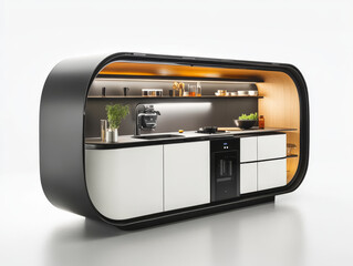 Futuristic kitchen design featuring sleek curves and modern appliances, blending functionality and style