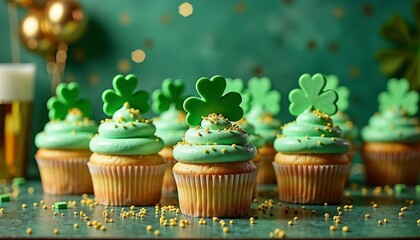St. Patrick's Day cupcakes with green frosting and shamrock decorations in a festive setting