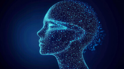 Futuristic digital representation of human head with glowing connections, symbolizing AI and technology