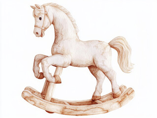 graceful watercolor rocking horse with wooden base, perfect for children decor