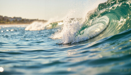 Fototapeta premium Ocean wave frozen in time against coastal beach, natural beauty