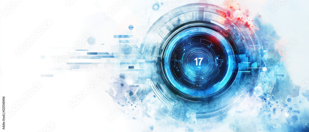 Poster abstract digital art featuring futuristic blue and red design with circular elements and number 17, 