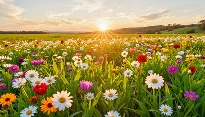 Fototapeta premium Vibrant blooming flowers in sunny field at sunrise, natural beauty