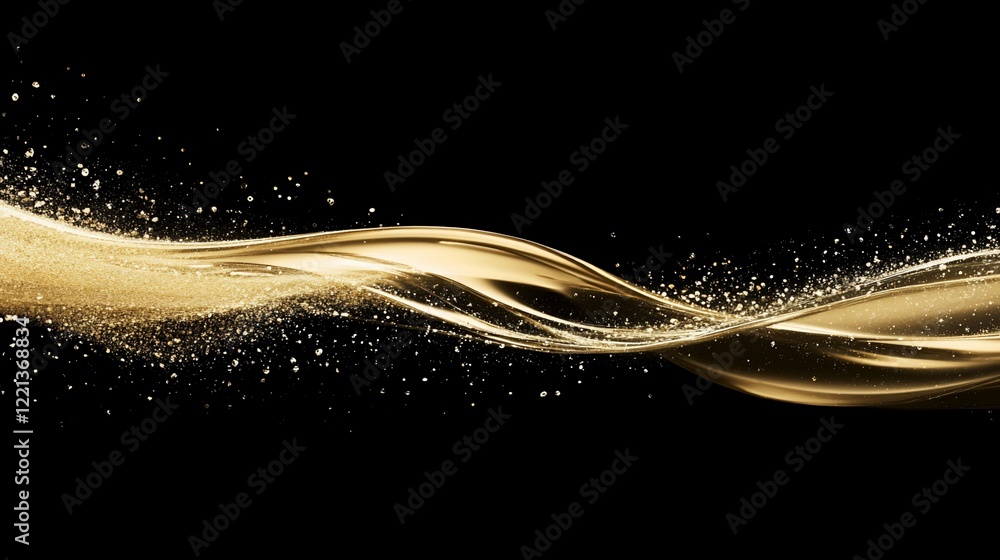 Poster a dynamic golden wave with sparkling particles on a black background abstract design