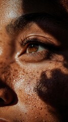 A close-up of a person’s face, soft light highlighting freckles and skin contours, gentle shadows enhancing texture, creating a natural, radiant glow.