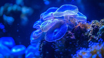 52. A scenic underwater shot with glowing corals and an ethereal blue ambiance