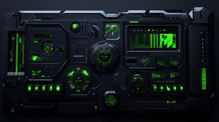 Fototapeta premium A dark, sleek digital interface with black panels and glowing green icons, embodying a futuristic user experience 