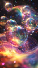 Captivating bubbles of iridescent radiance floating in a dreamlike prismatic realm evoking a sense of wonder and enchantment  The shimmering