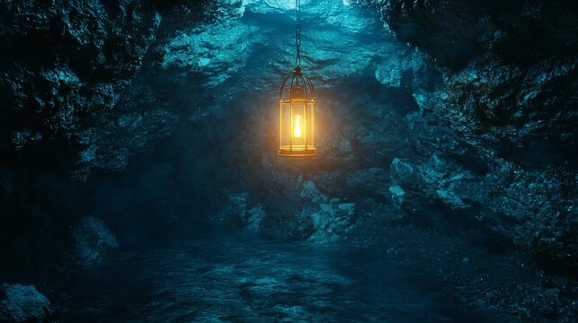 63. A glowing lantern hanging in the middle of a dark, ethereal cave