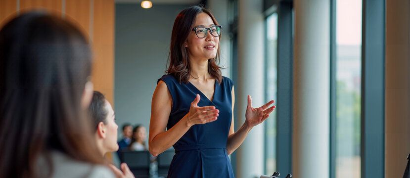 Woman in Blue Dress Addresses Audience at Conference Room Event