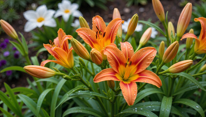 Vibrant lilies glistening in the rain during a serene evening, botanical beauty