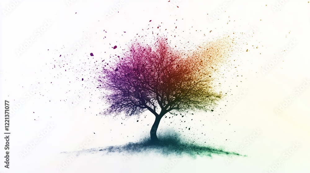 Poster exploding tree of color: a vibrant burst of life in a minimalist design concept