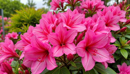 Obraz premium Vibrant pink Azalea flowers in residential garden, spring beauty