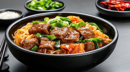 Delicious beef noodle stir-fry in bowl