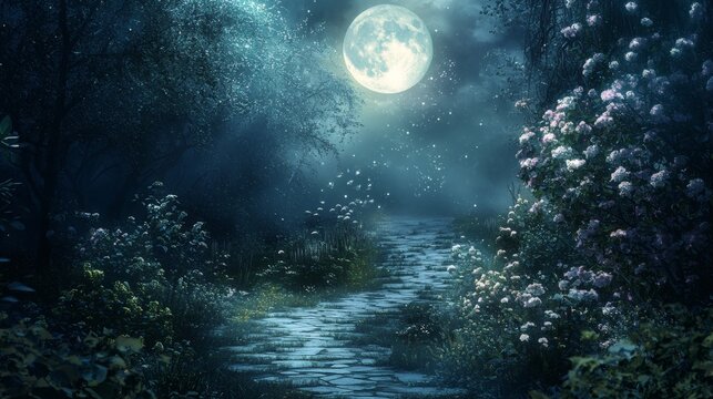 84. A peaceful glowing garden path under an ethereal moonlit sky