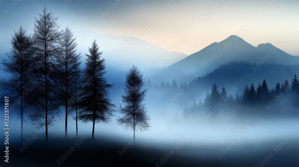 Wall mural forest with trees and mountains in the background. minimalistic background.