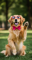 Golden Retriever Wearing Pink Sunglasses and Bow Tie Raising Paw in a Sunny Park