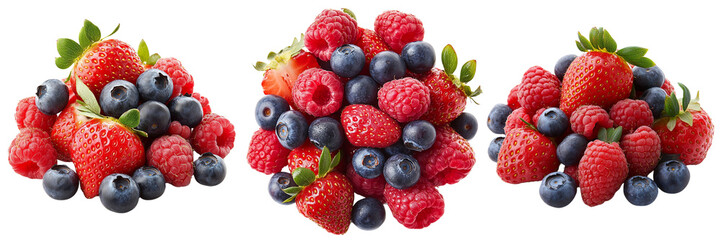 A Set of Close-up of a mix of strawberries, raspberries, and blueberries isolated on a transparent background