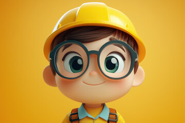 Cartoon child in yellow construction helmet with glasses and brown hair