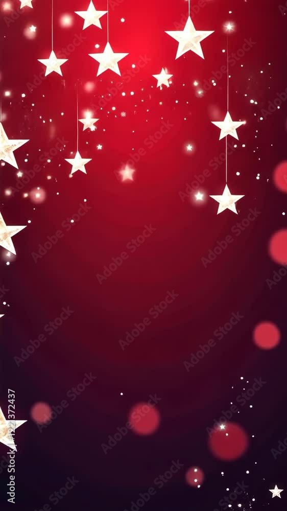 Poster a red background with stars and a white star in the middle. the stars are hanging from the top of th