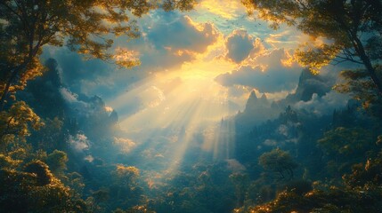 Fototapeta premium 106. A scenic glowing sunbeam breaking through clouds over an ethereal forest valley
