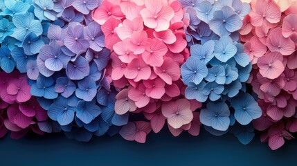 Obraz premium A close-up view of hydrangea flowers in various shades of blue and soft pink,