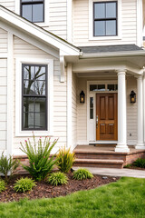 Elegant Home Exterior: Dream House with Landscaping, Brick Pathway, and Classic Architecture