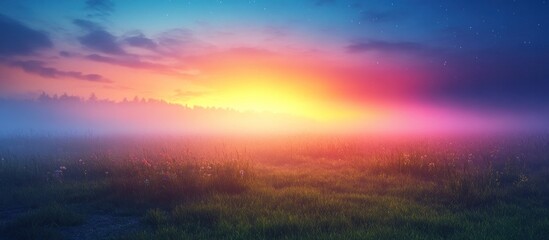 Fototapeta premium Breathtaking sunset over a vast picturesque meadow landscape The sky is filled with a vibrant glowing array of colors creating an ethereal and captivating atmosphere The horizon is bathed in a warm