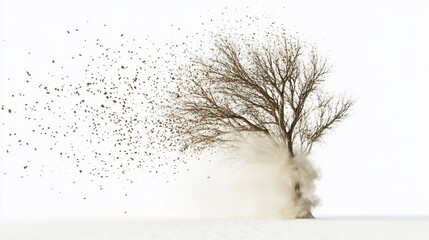 A lone tree with branches and leaves blowing away in a dust storm against a white background