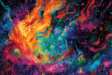 Colorful fantasy with woman's profile emerging from abstract flames and cosmic background