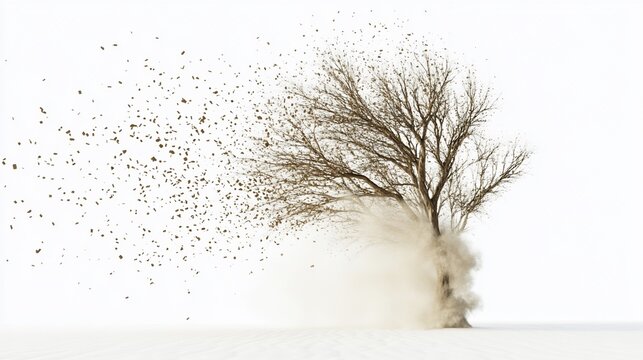 A lone tree with branches and leaves blowing away in a dust storm against a white background