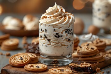 Creamy cookies and cream dessert topped with whipped cream and chocolate chips in glass. Chocolate sandwich cookies and crumbs scattered on wooden surface, perfect for food marketing.