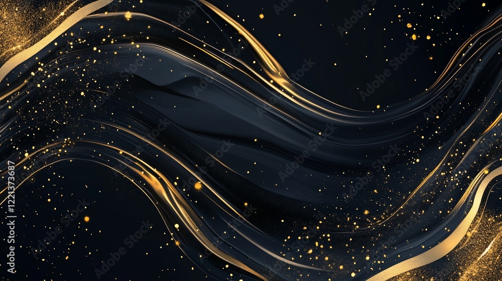 Poster abstract background with golden lines and shimmering particles on a dark surface