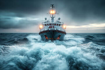 Powerful ship navigating stormy seas with dramatic ocean waves and overcast sky
