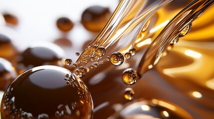 Golden Liquid Spheres and Streaks on a White Background with Light Reflections