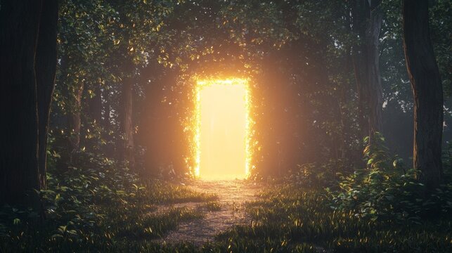 119. A glowing portal opening in the middle of an ethereal enchanted forest