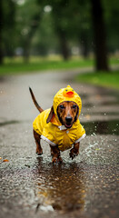 Playful Dachshund in Yellow Raincoat Splashing Through Puddles on a Rainy Day
