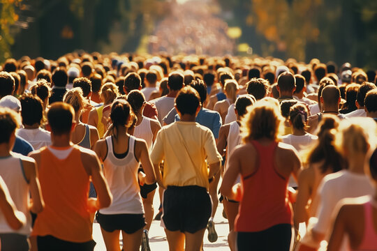 Large crowd running marathon: diverse adults on city street in sunny weather - Powered by Adobe