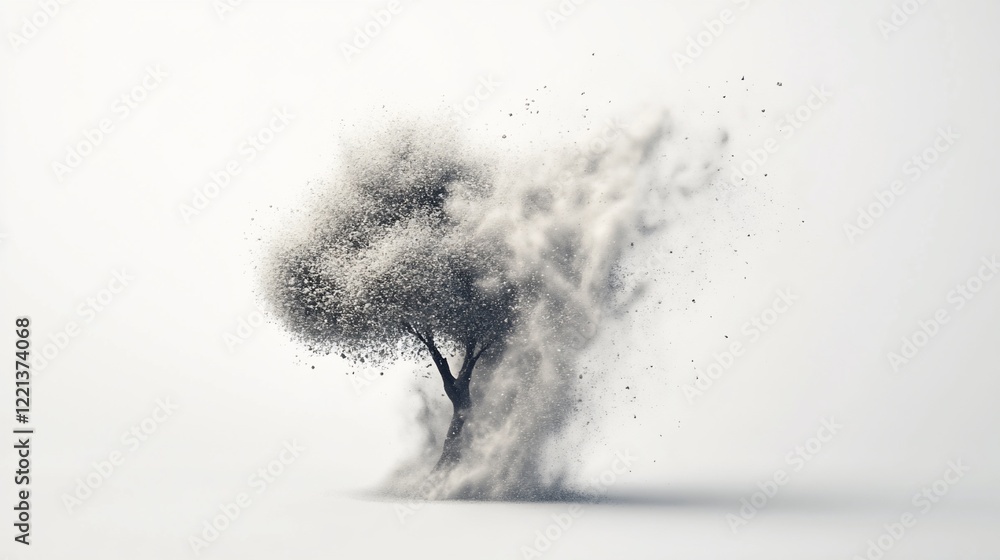 Poster tree crumbling with particles and fragments on a white background artistic and minimalist style