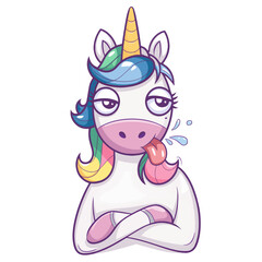 A cartoon unicorn with a colorful mane that transitions from blue to pink to yellow. The unicorn has a golden horn, large round eyes
with half-closed eyelids, and is sticking its tongue out