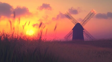 128. A glowing windmill glowing softly against an ethereal sunset backdrop