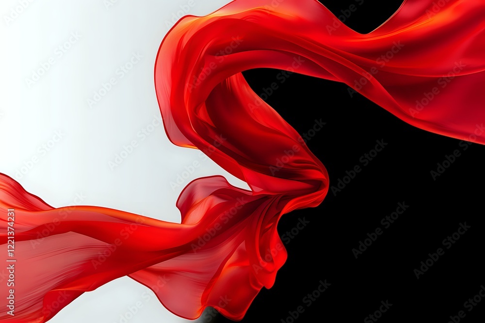 Poster elegant flowing red silk fabric creating dynamic waves and curves against black and white background