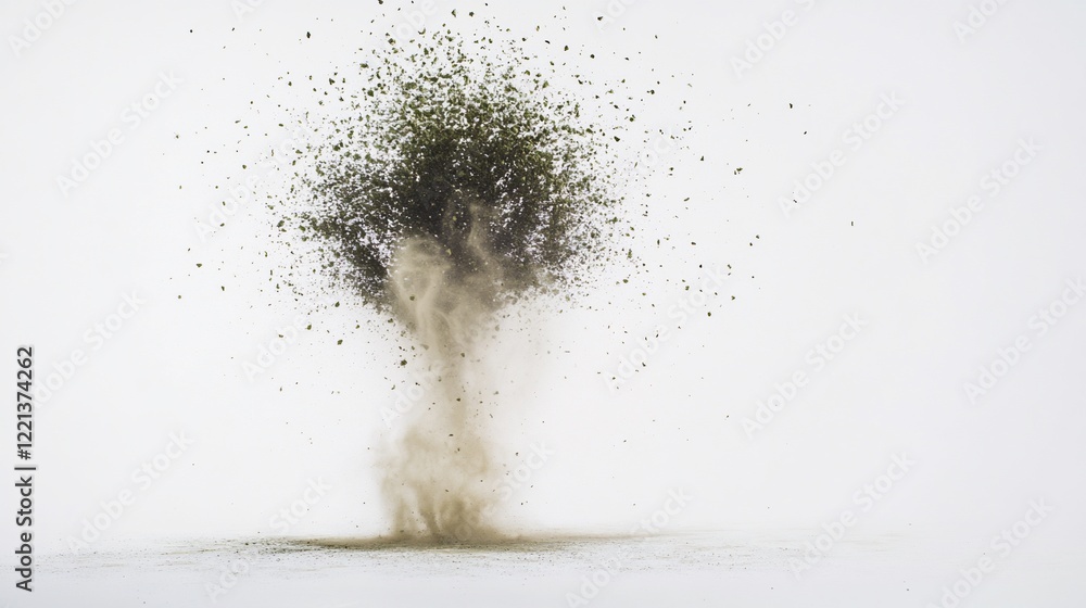 Poster explosion of green herbs and dust against a white background creating a unique abstract effect