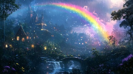 130. A glowing rainbow arching over an ethereal enchanted village