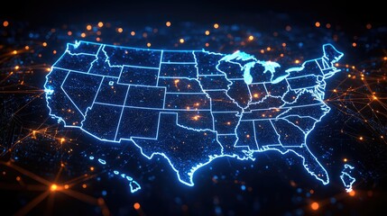 A glowing, digital representation of the United States map,