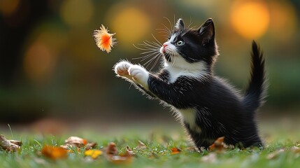 Playful tuxedo kitten pouncing on a feather toy in autumn leaves.