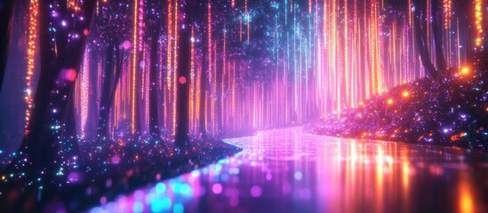 Enchanting nighttime forest scene with a winding pathway illuminated by glowing fairy lights reflected on the still waters of a serene lake  A mysterious and dreamlike atmosphere