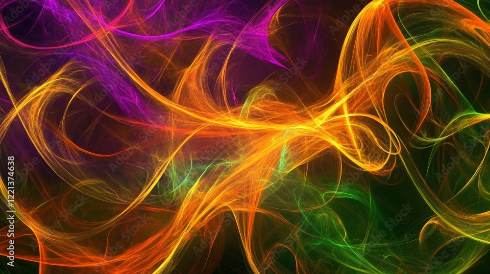 Poster abstract flowing lines of vibrant colors creating a dynamic pattern on a dark backdrop