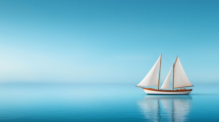 Naklejka premium White sailboat is floating on the water. Minimalistic background.